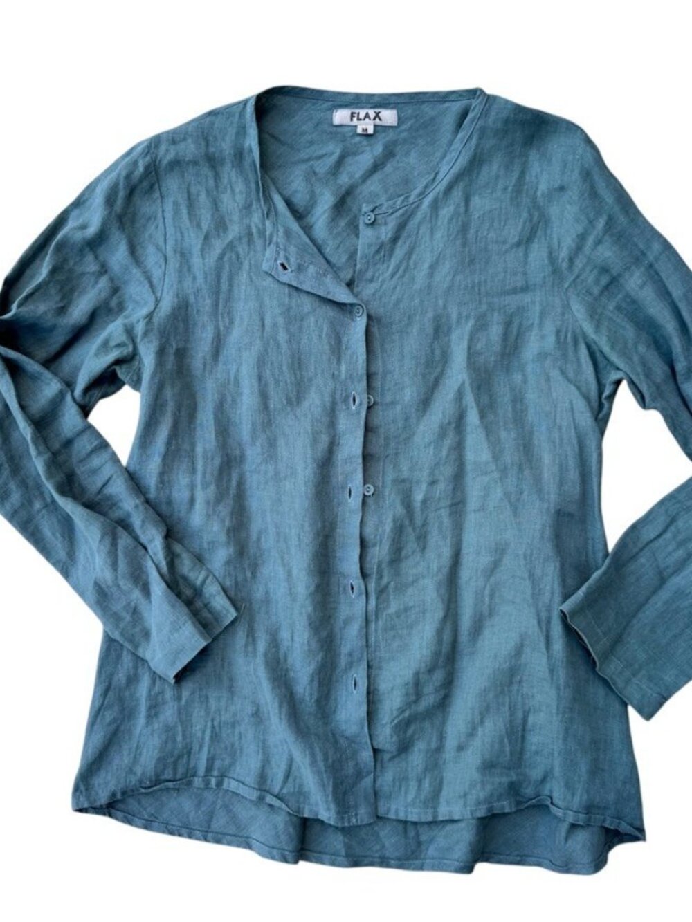 Flax Womens Teal Green 100% Linen Long Sleeve Button Down Blouse Sz M